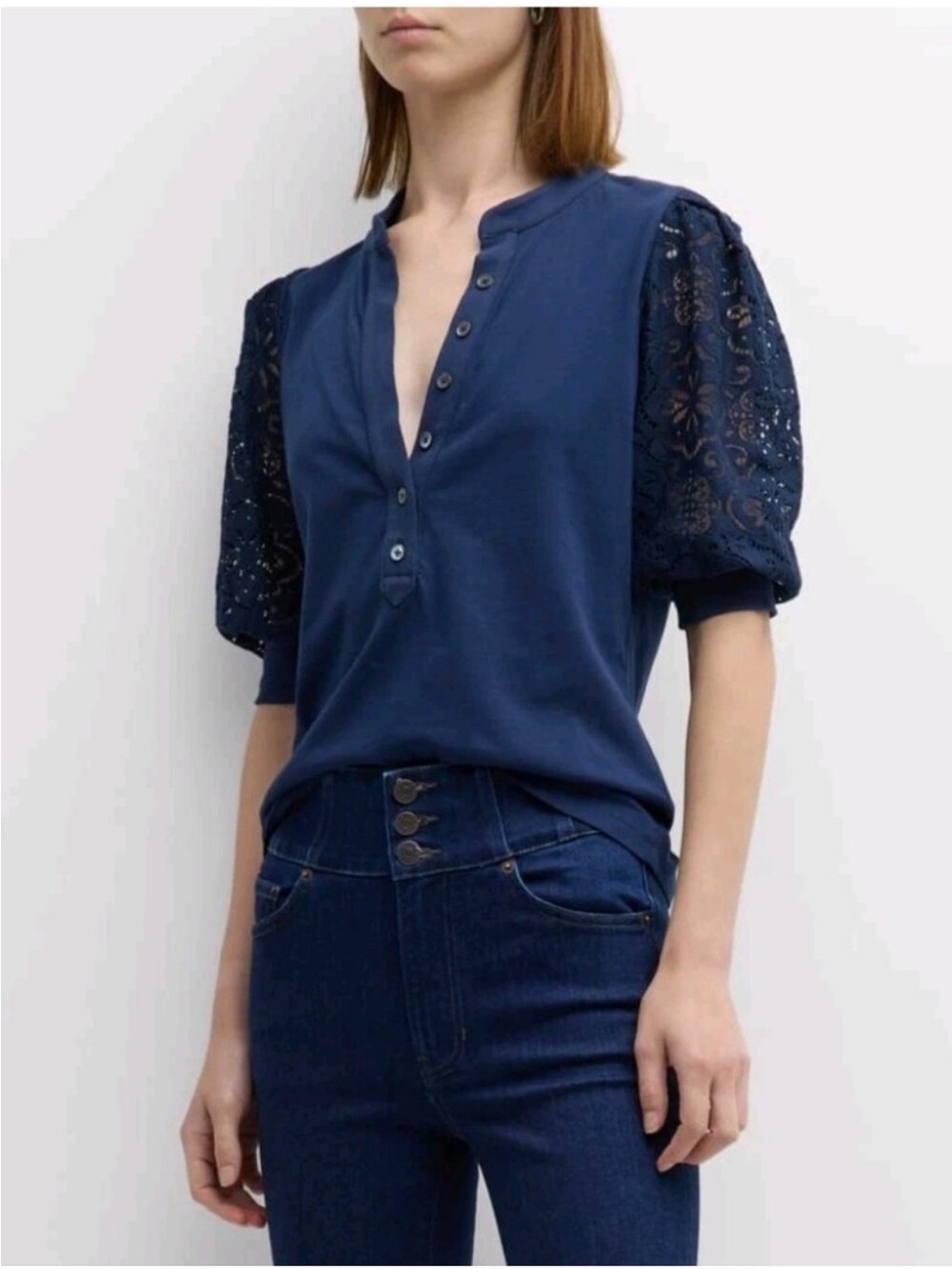 Veronica Beard Coralee Knit Puff Sleeve Eyelet Button Front Top Navy Blue Size S